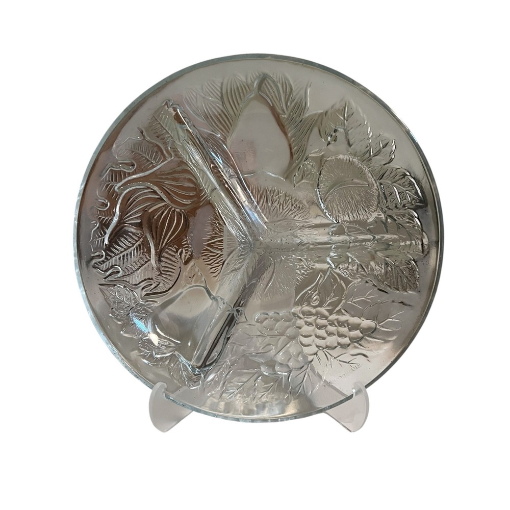 Vintage Three Part Divided Glass Dish Fruit Apple Grape Etched Made in Indonesia
